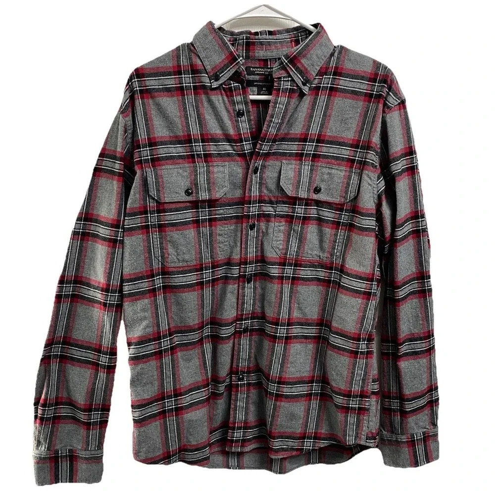 Banana Republic Men Organic‎ Plaid Long Sleeve Untucked Standard Flannel Shirt M